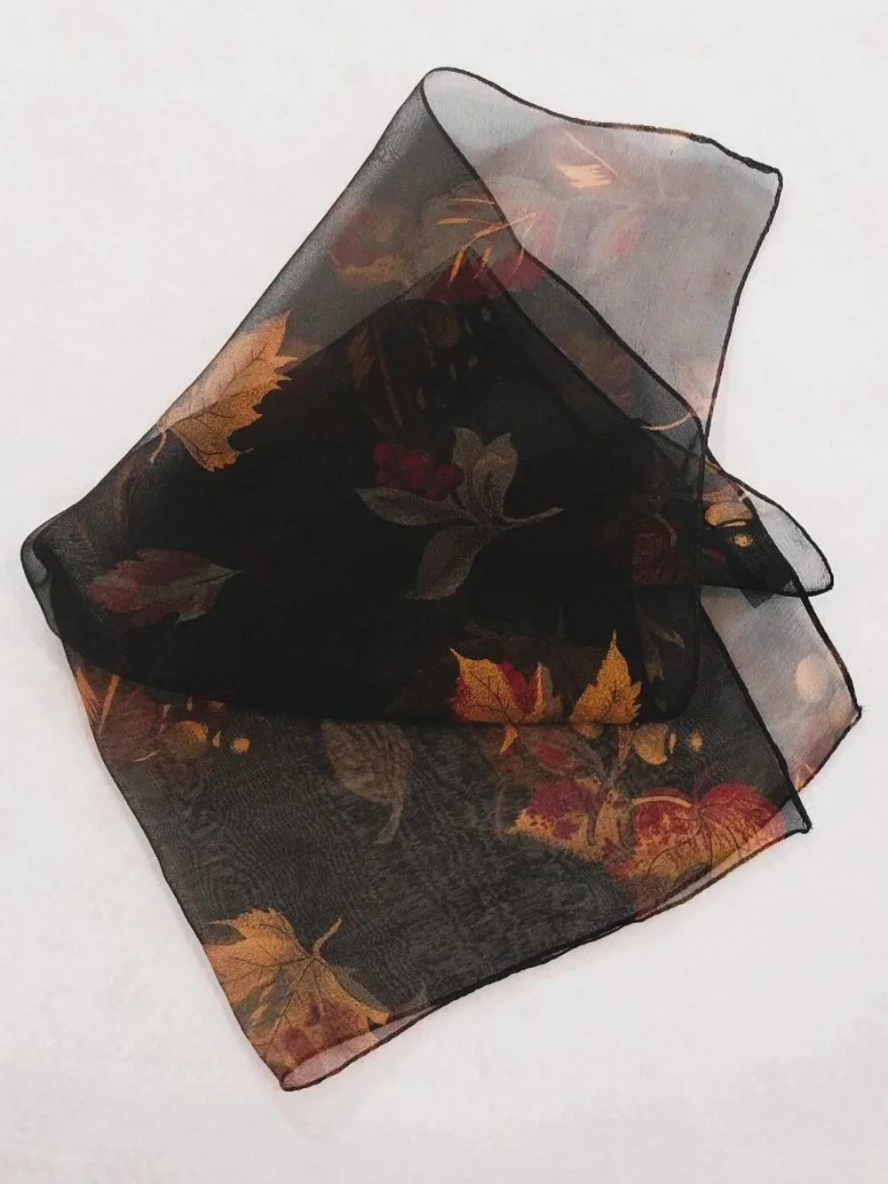 100% Silk Square Scarf Black Yellow Botanical Print Sheer 16